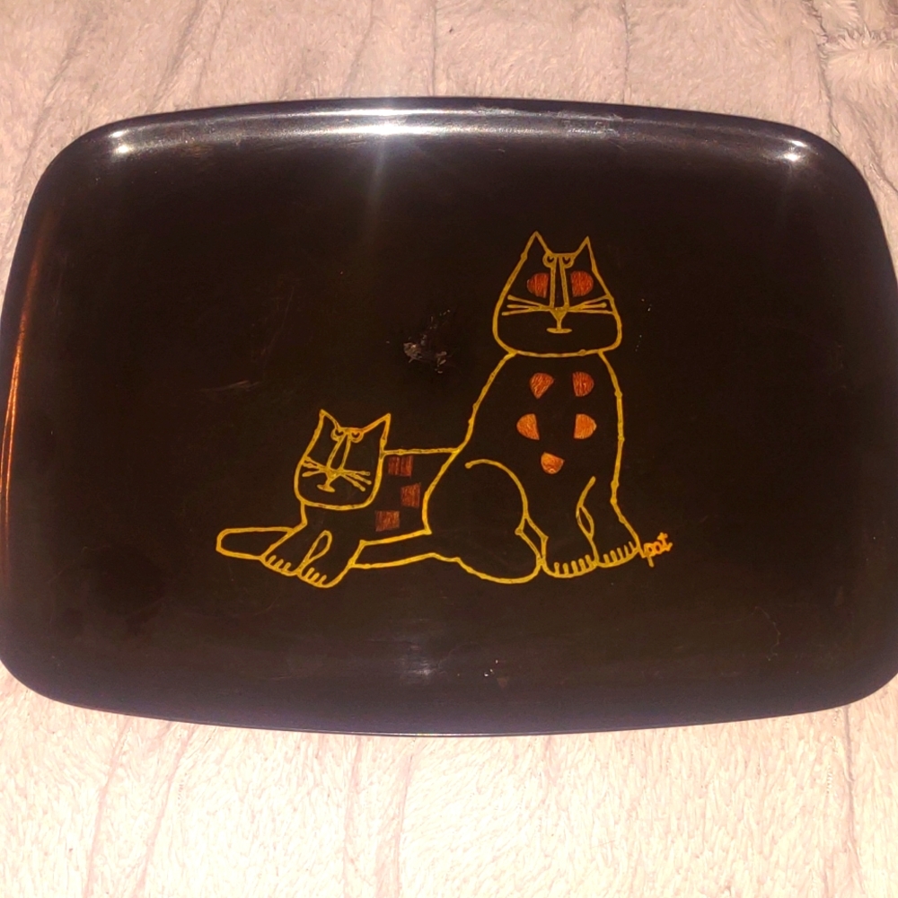 VTG Couroc Cat Kitten Tray Black Hand Inlay Monterey CA Serving Tray